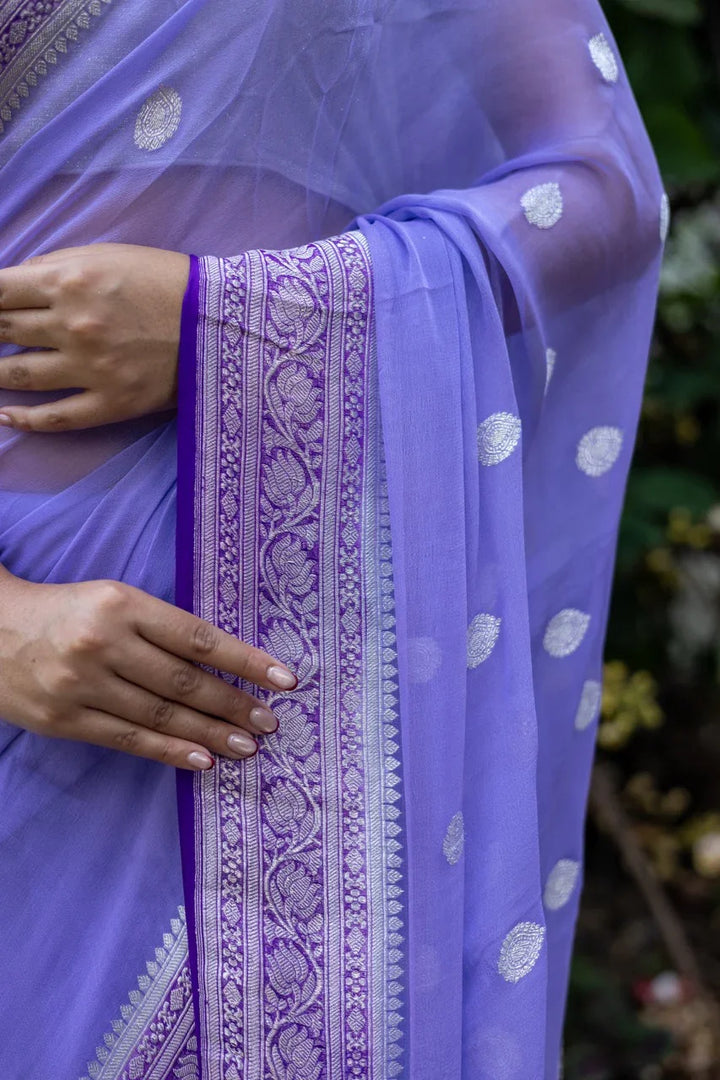 Lilac Banarasi Sari with Silver Zari – Elegant Festive Wear