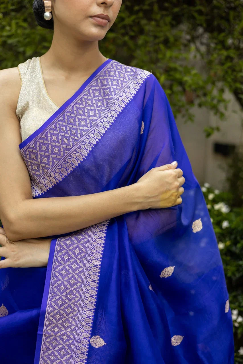 Purple Pure Kora Silk Banarasi Saree with Zari Butis & Border