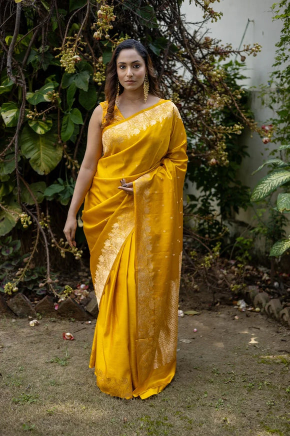 Yellow Banarasi Mashru Silk Saree – Buy Pure Handloom 