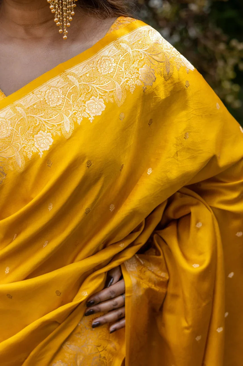Yellow Banarasi Mashru Silk Saree – Buy Pure Handloom 