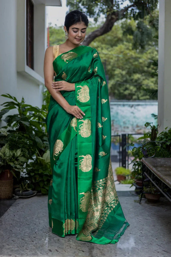 Green Pure Silk Banarasi Saree with Cow Motif Border