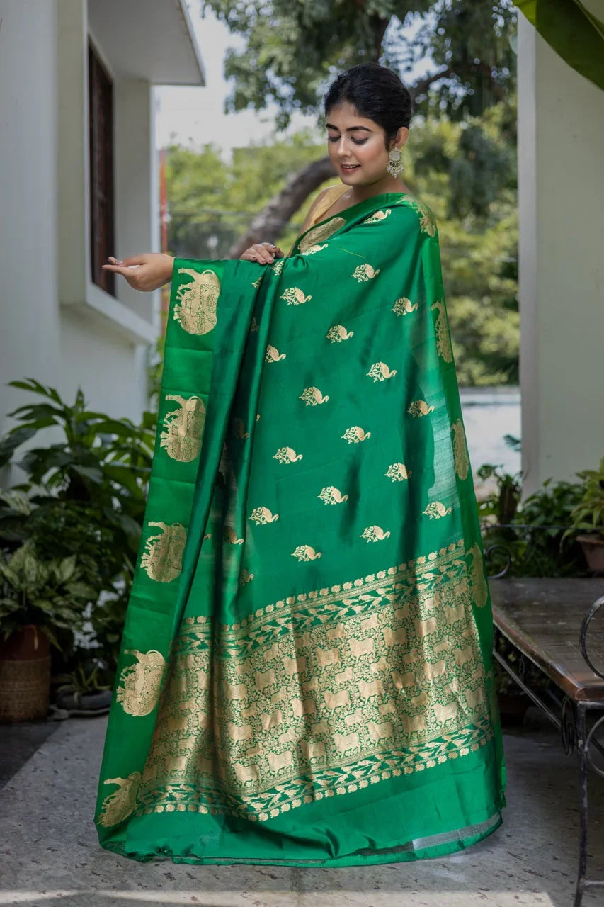 Green Pure Silk Banarasi Saree with Cow Motif Border