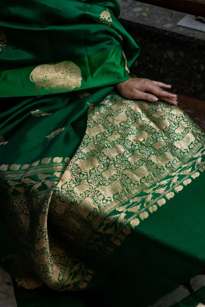 Green Pure Silk Banarasi Saree with Cow Motif Border