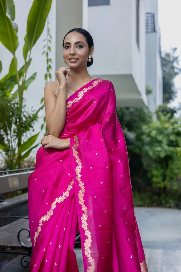 Rani Pink Banarasi Silk Saree | Kadhwa & Designer Border