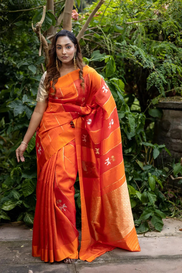 Orange Pure Silk Handloom Banarasi Saree