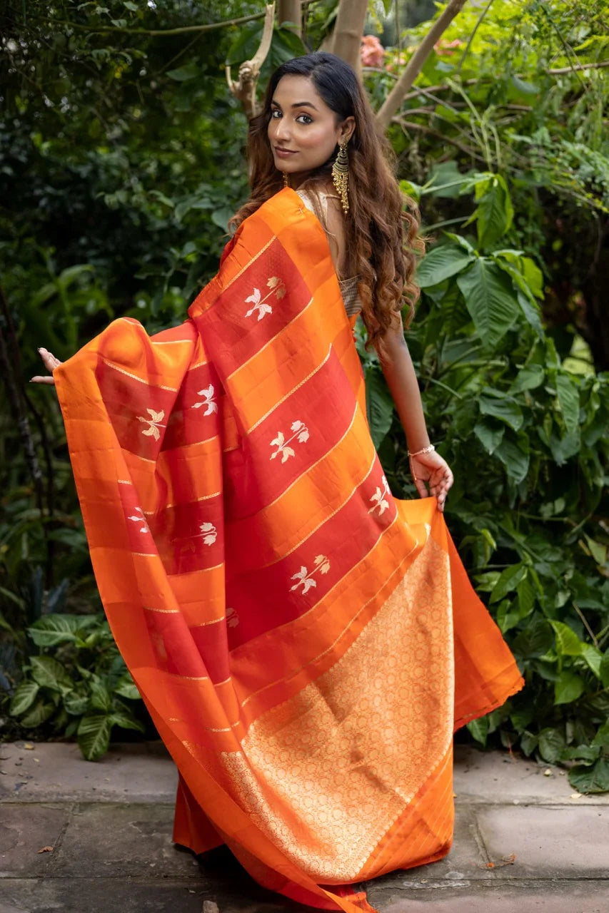 Orange Pure Silk Handloom Banarasi Saree