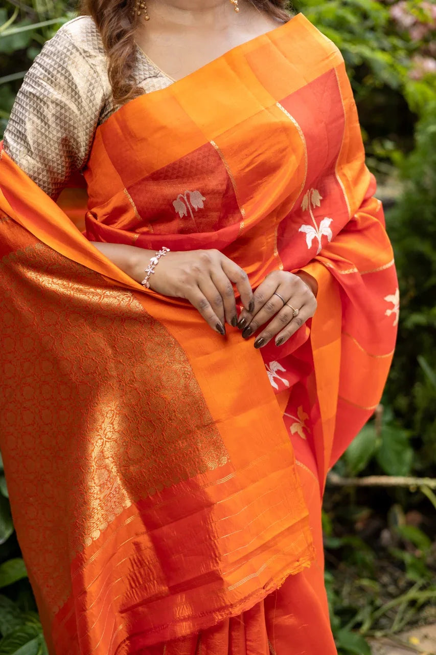 Orange Pure Silk Handloom Banarasi Saree