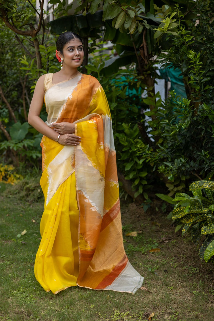 Yellow Rangkaat Banarasi Handloom Kora Silk Saree