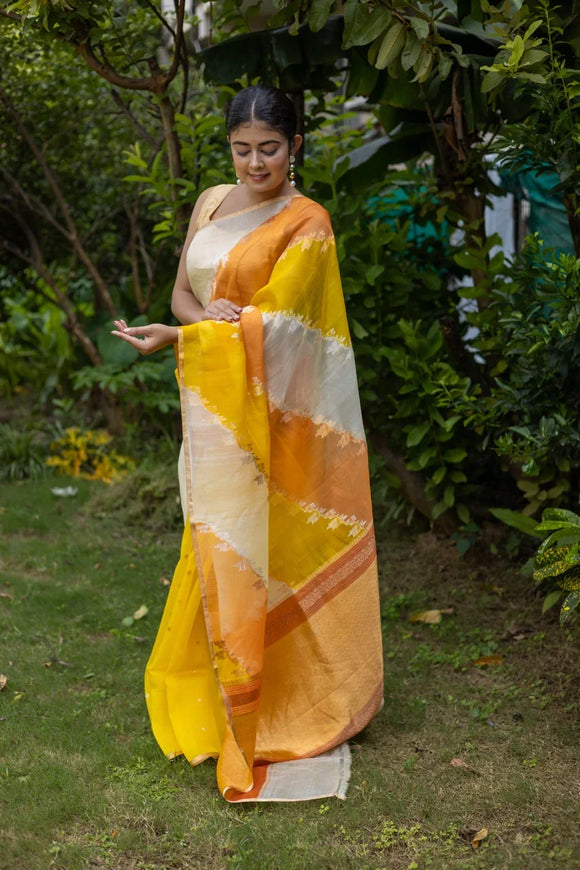 Yellow Rangkaat Banarasi Handloom Kora Silk Saree 