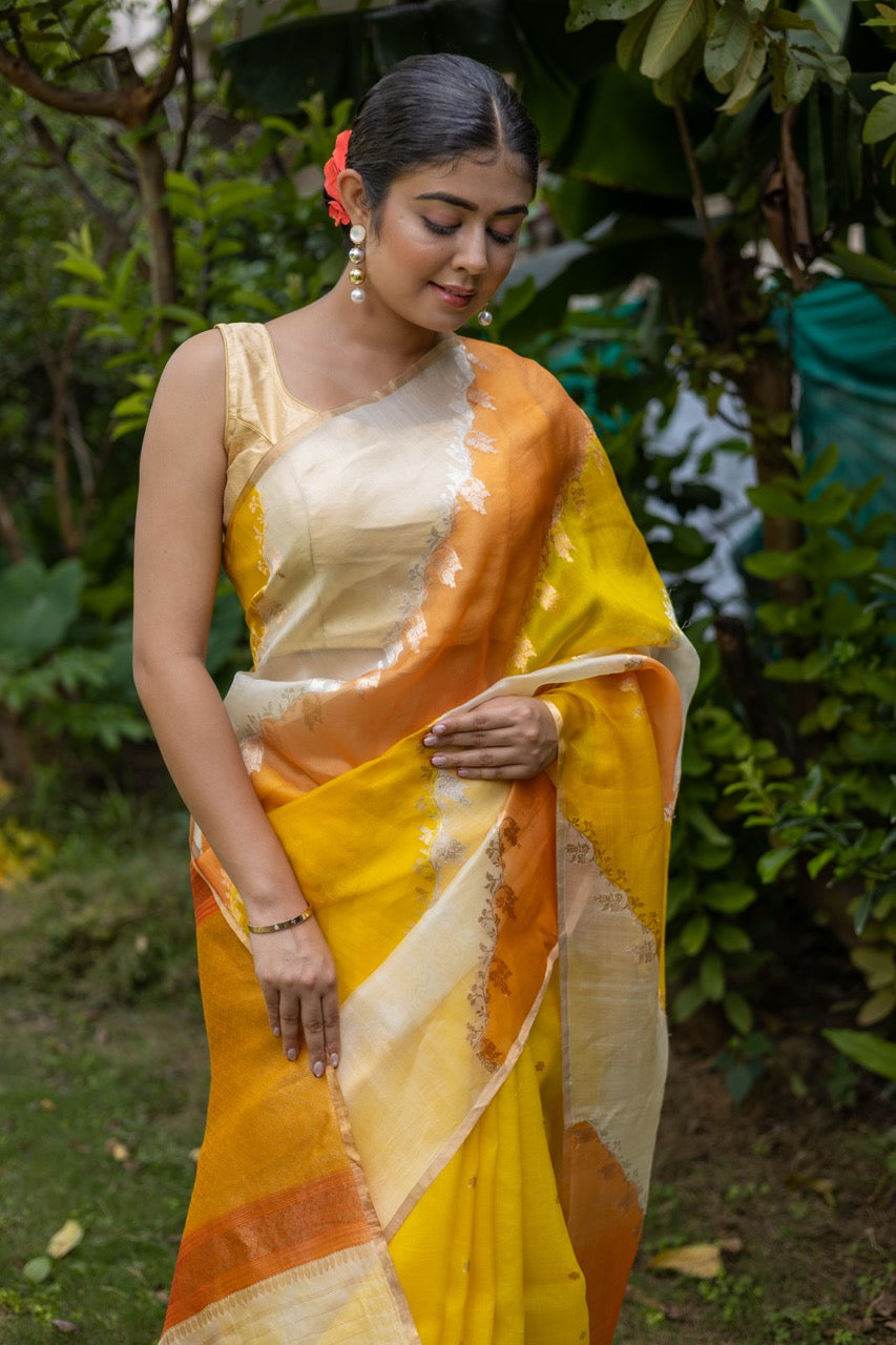 Yellow Rangkaat Banarasi Handloom Kora Silk Saree