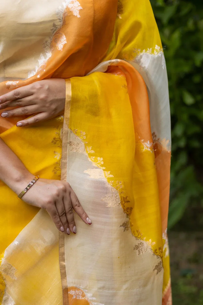 Yellow Rangkaat Banarasi Handloom Kora Silk Saree 
