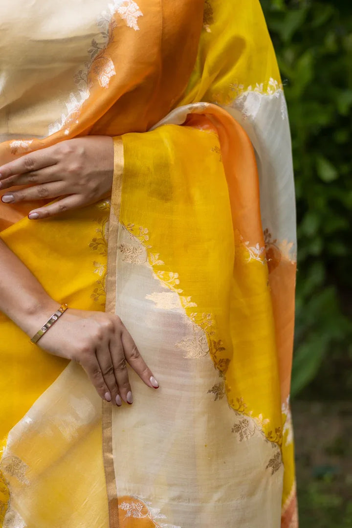 Yellow Rangkaat Banarasi Handloom Kora Silk Saree 