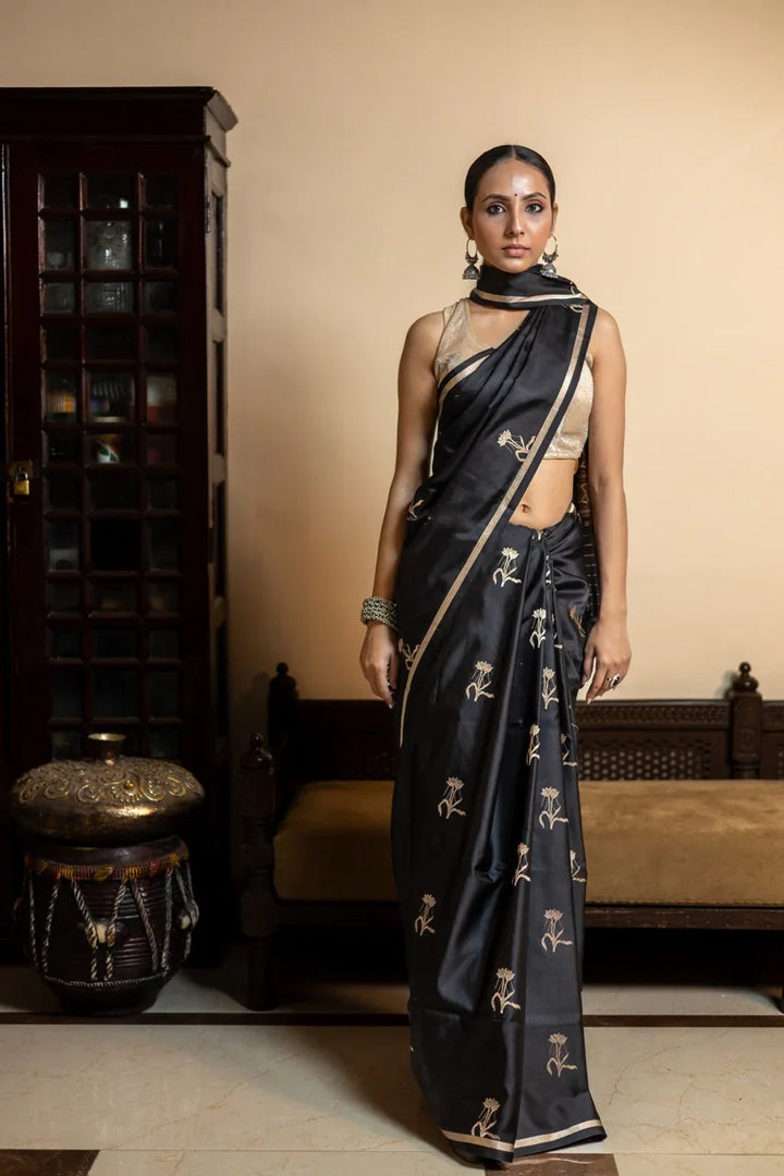 Black Pure Banarasi Handloom Mashru Silk Saree
