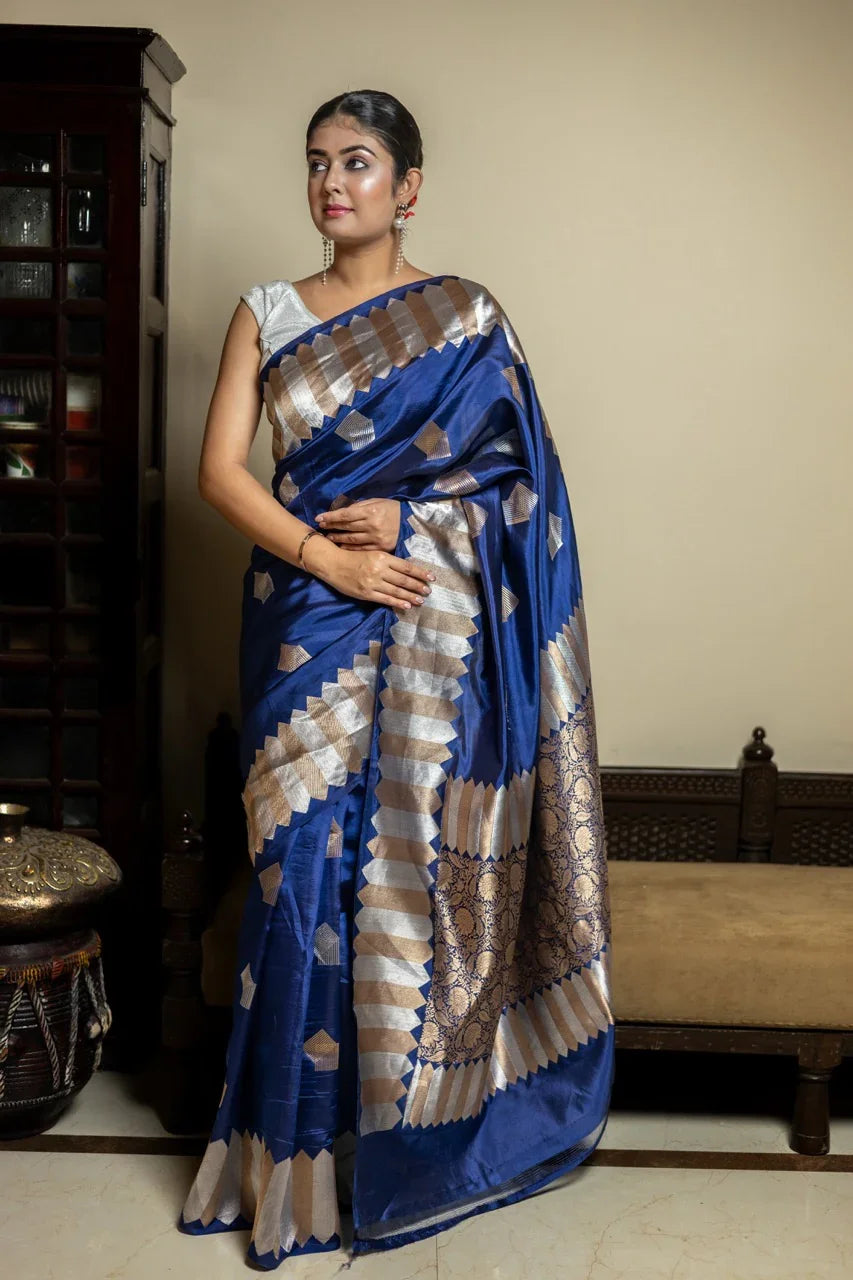 Buy Deep Blue Silk Banarasi Saree – Kadhwa Buta & Zari Border