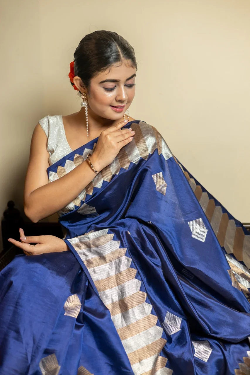 Buy Deep Blue Silk Banarasi Saree – Kadhwa Buta & Zari Border