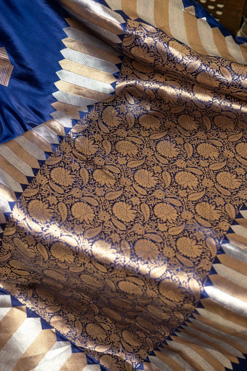 Buy Deep Blue Silk Banarasi Saree – Kadhwa Buta & Zari Border