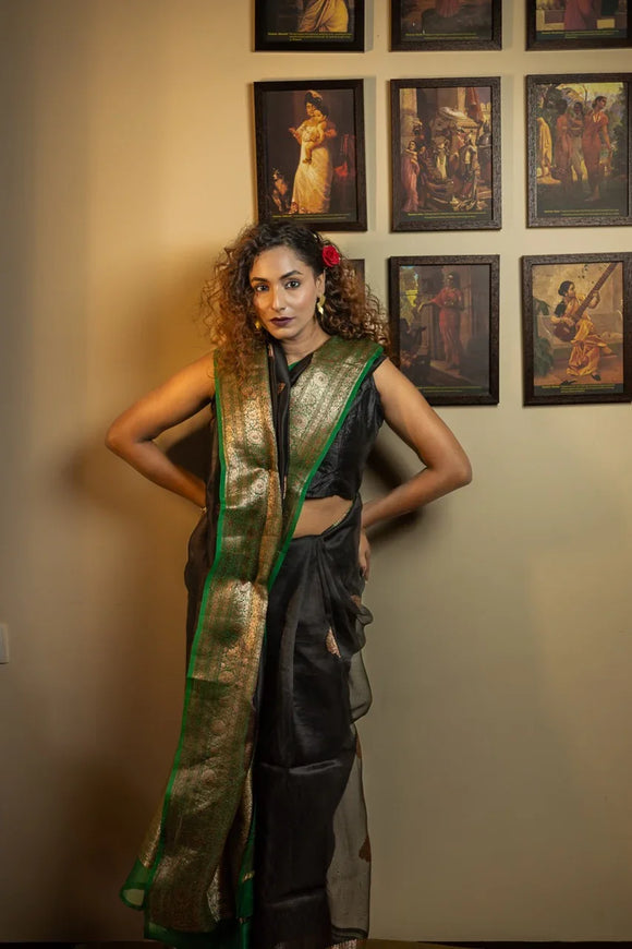 Black Pure Kora Silk Handloom Banarasi Saree