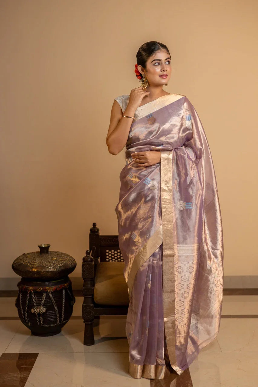 Lavender Tissue Silk Banarasi Saree with kadhwa butas