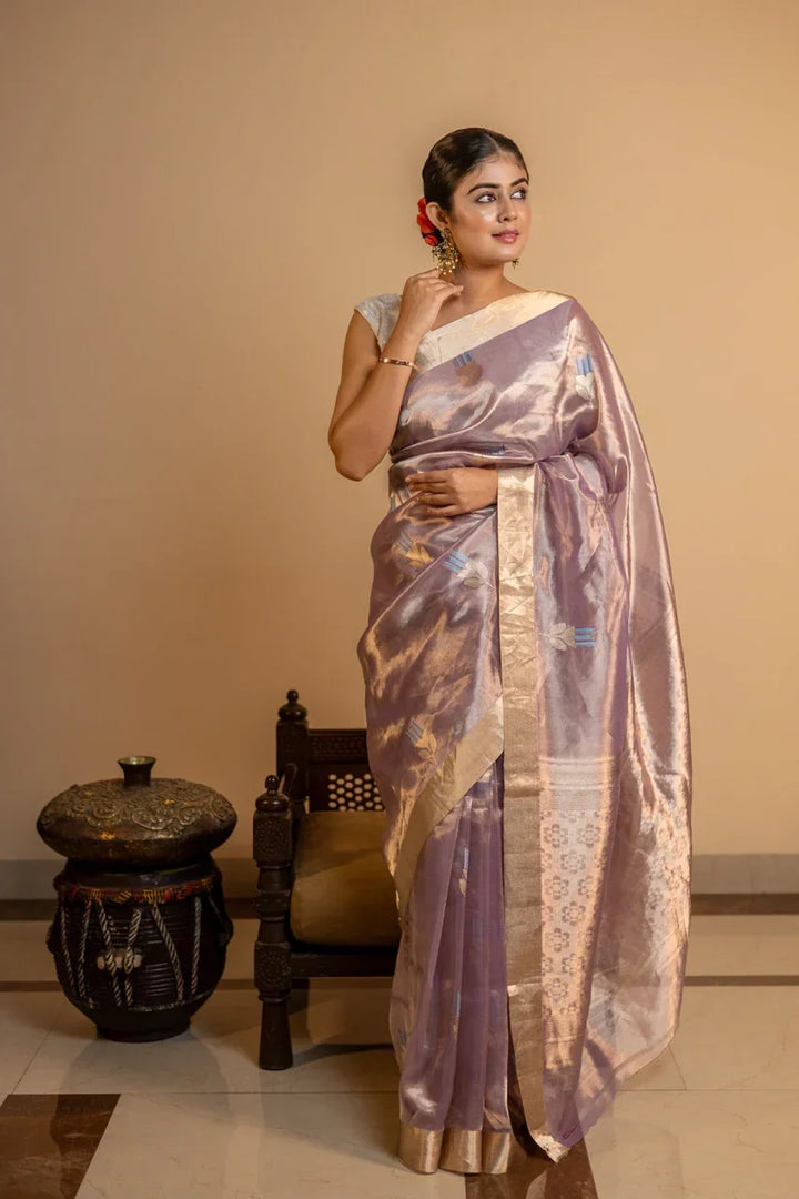Lavender Tissue Silk Banarasi Saree with kadhwa butas