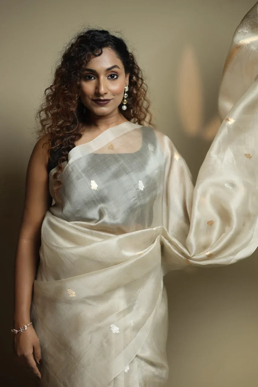 Ash Grey Kora Silk Banarasi Saree with Sona Rupa Butis 