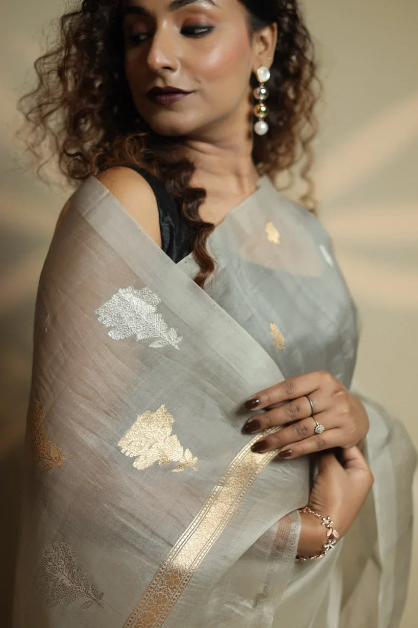 Ash Grey Kora Silk Banarasi Saree with Sona Rupa Butis 
