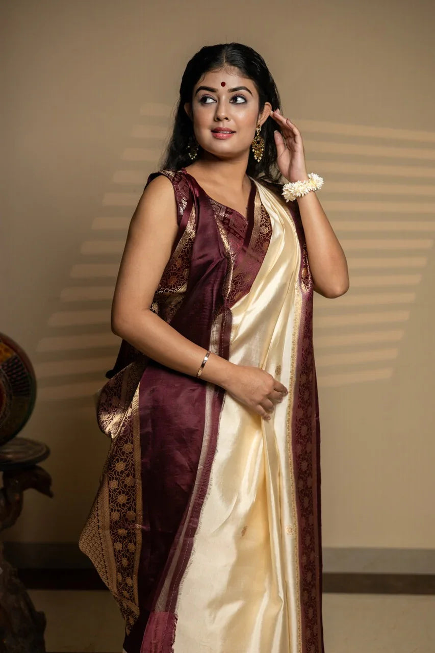 Off-White Banarasi Silk Saree | Kadhwa & Sona Rupa Border