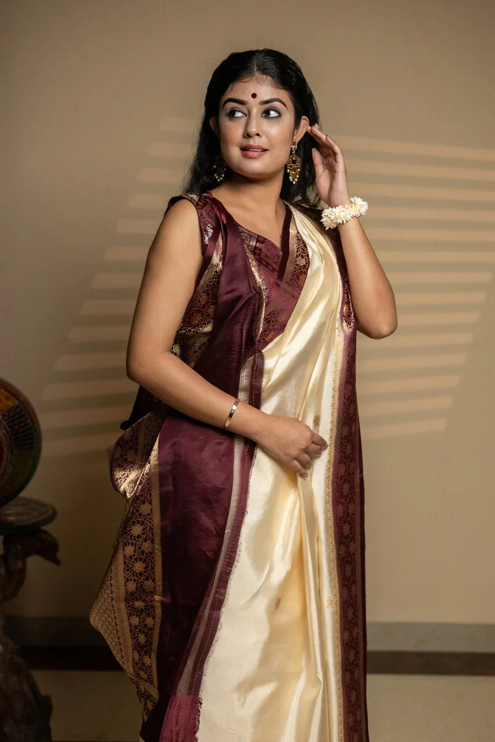 Off-White Banarasi Silk Saree | Kadhwa & Sona Rupa Border