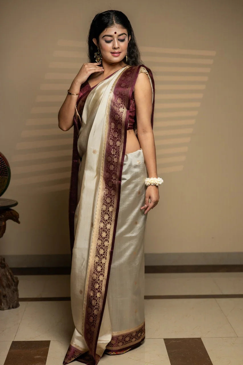 Off-White Banarasi Silk Saree | Kadhwa & Sona Rupa Border