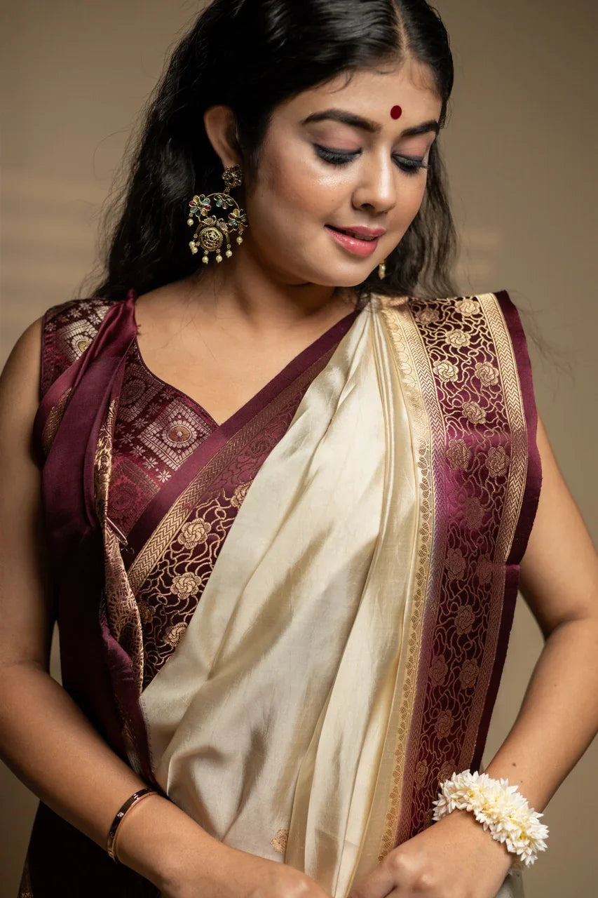 Off-White Banarasi Silk Saree | Kadhwa & Sona Rupa Border