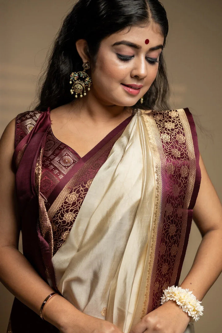 Off-White Banarasi Silk Saree | Kadhwa & Sona Rupa Border