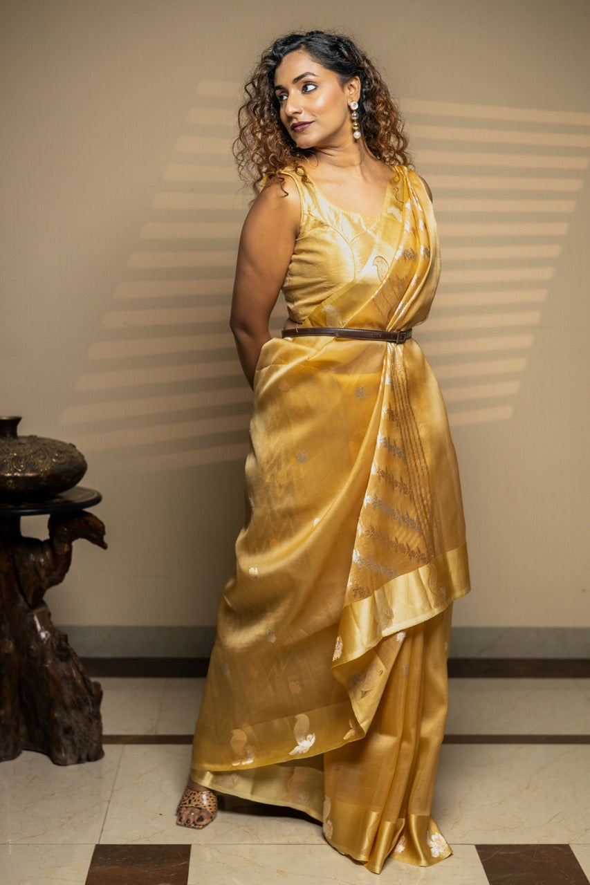 Golden Pure Kora Silk Handloom Banarasi Saree
