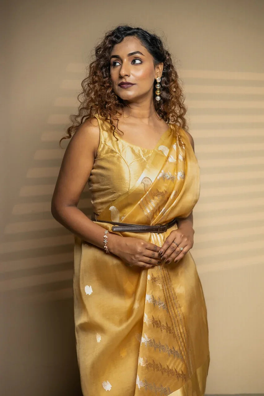 Golden Pure Kora Silk Banarasi Saree with Peacock Border