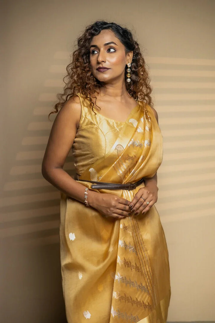 Golden Pure Kora Silk Banarasi Saree with Peacock Border