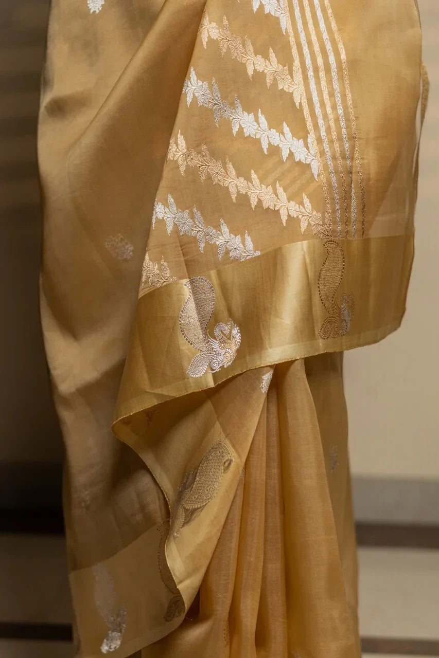 Golden Pure Kora Silk Banarasi Saree with Peacock Border