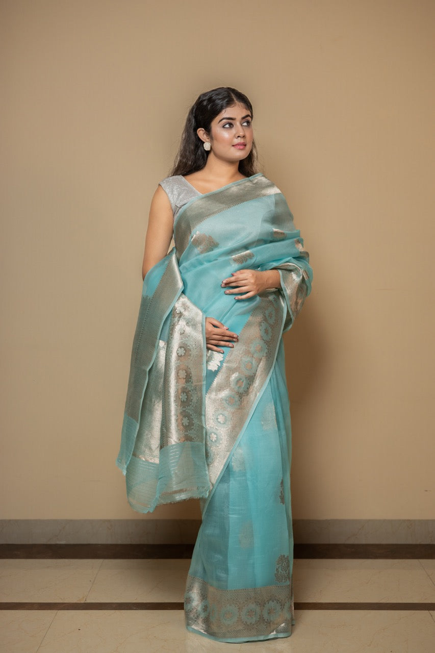 Sky Blue Pure Kora Silk Handloom Banarasi Saree