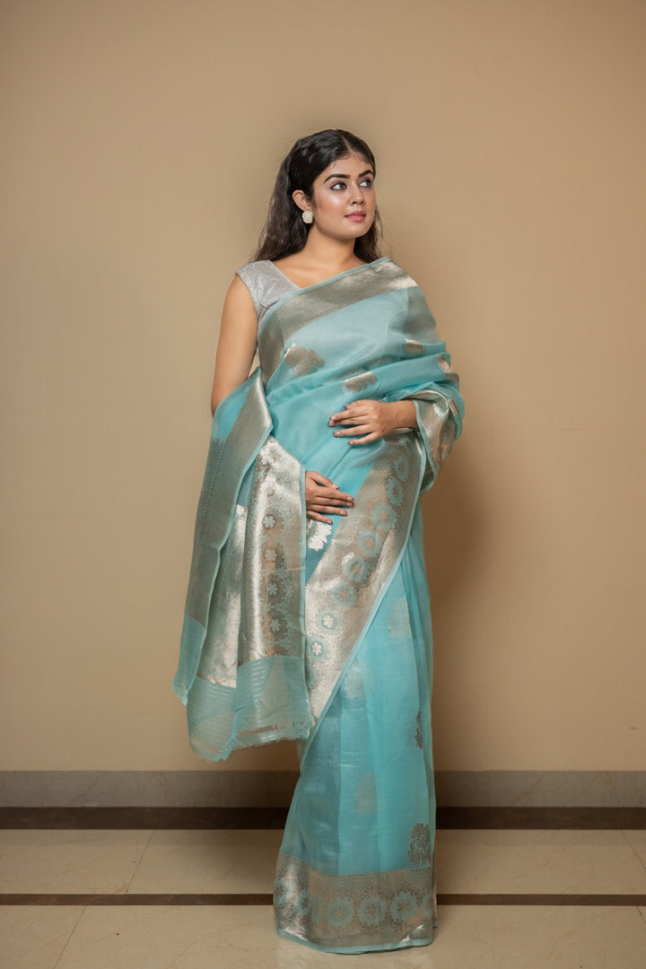 Sky Blue Pure Kora Silk Handloom Banarasi Saree