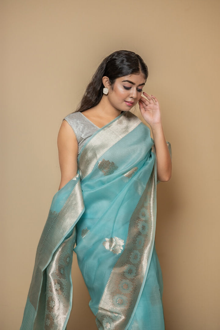 Sky Blue Pure Kora Silk Handloom Banarasi Saree