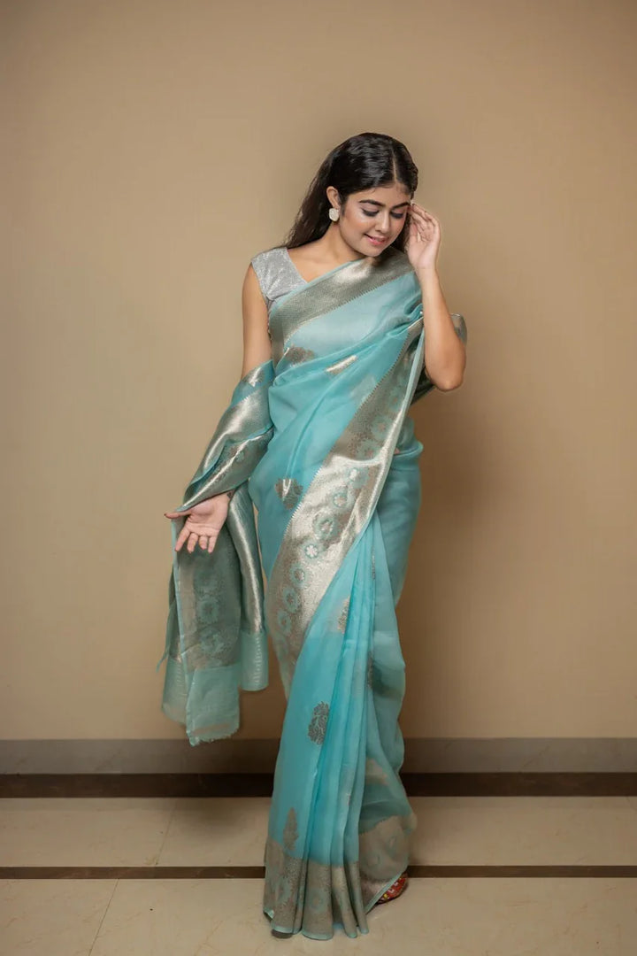 Sky Blue Pure Kora Silk Handloom Banarasi Saree