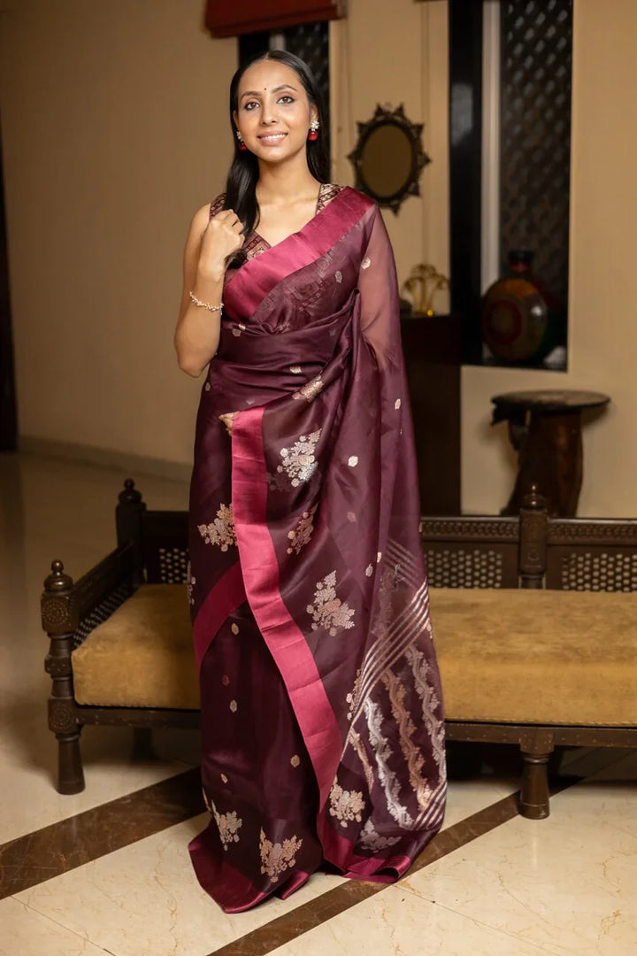 Maroon Pure Kora Silk Handloom Banarasi Saree