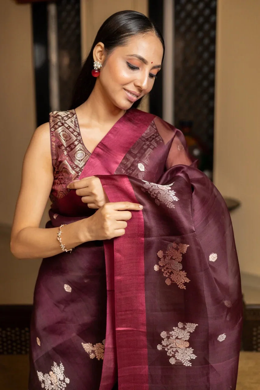 Maroon Pure Kora Silk Handloom Banarasi Saree