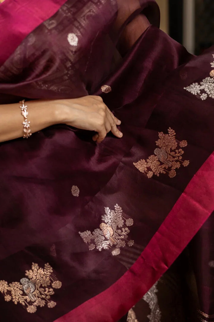 Maroon Pure Kora Silk Handloom Banarasi Saree