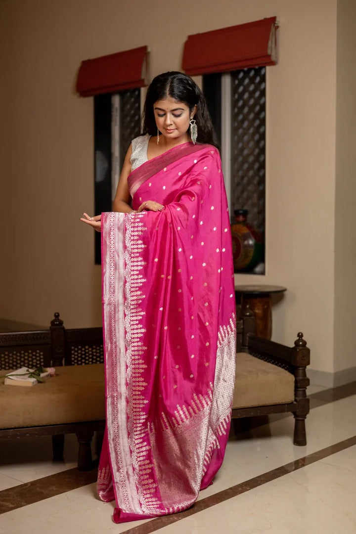 Rani Pink Banarasi Silk Saree | Kadhwa & Designer Border