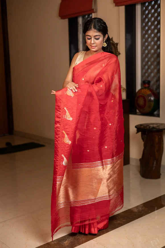 Red Pure Kora Silk Handloom Banarasi Saree