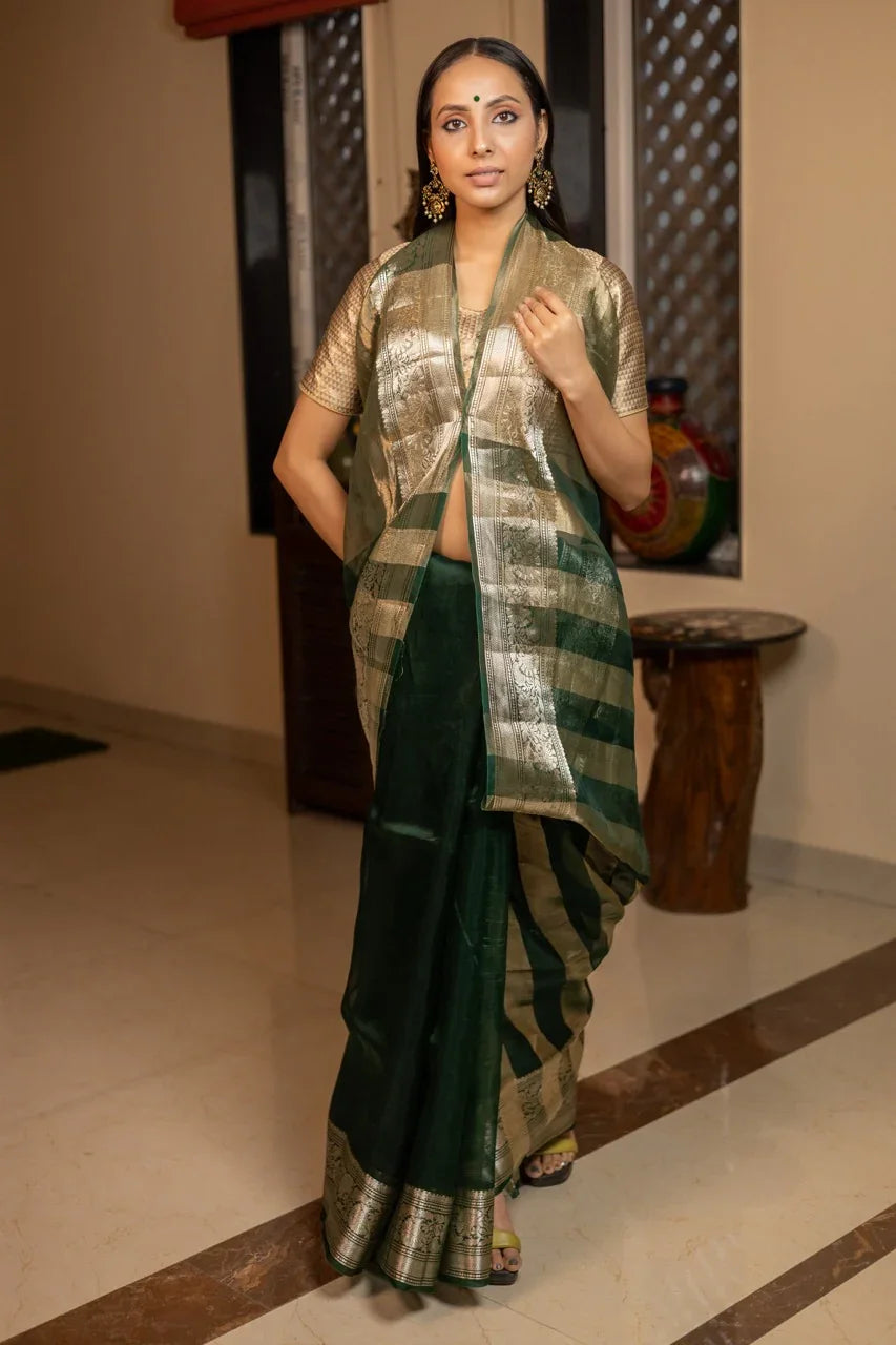 Bottle Green Pure Kora Tissue Silk Saree with Striped Pallu