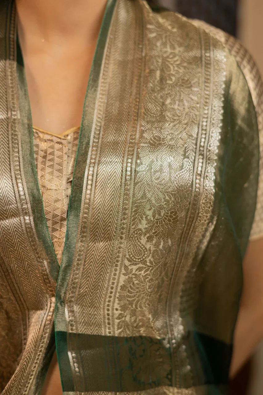 Bottle Green Pure Kora Tissue Silk Saree with Striped Pallu