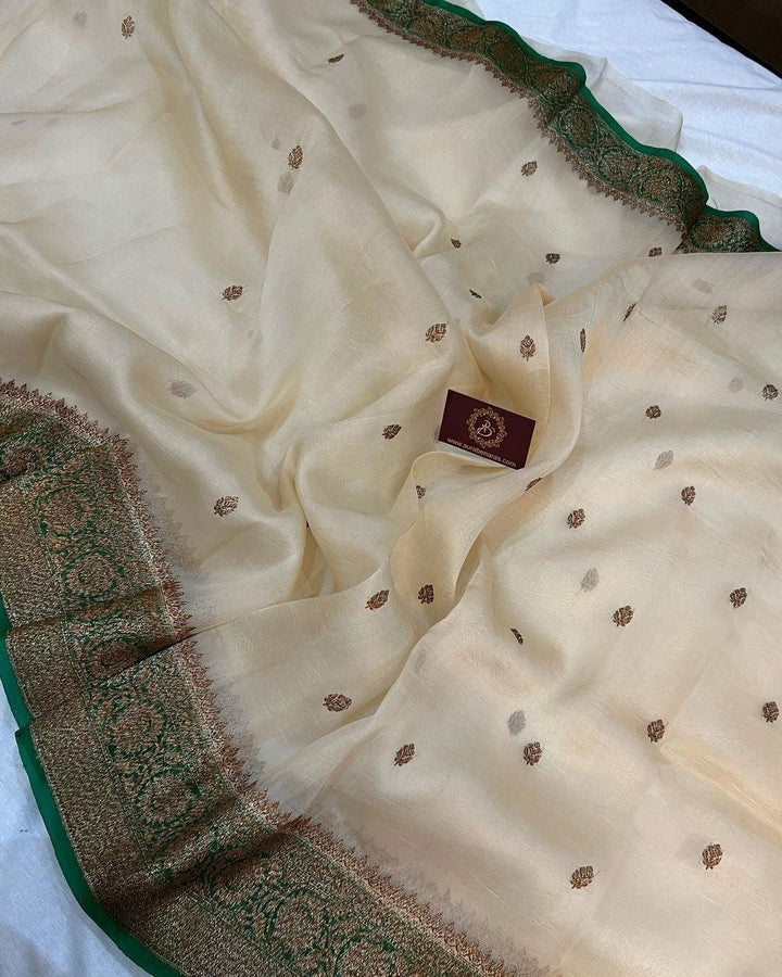 Beige Banarasi Handloom Kora Silk Saree - Aura Benaras