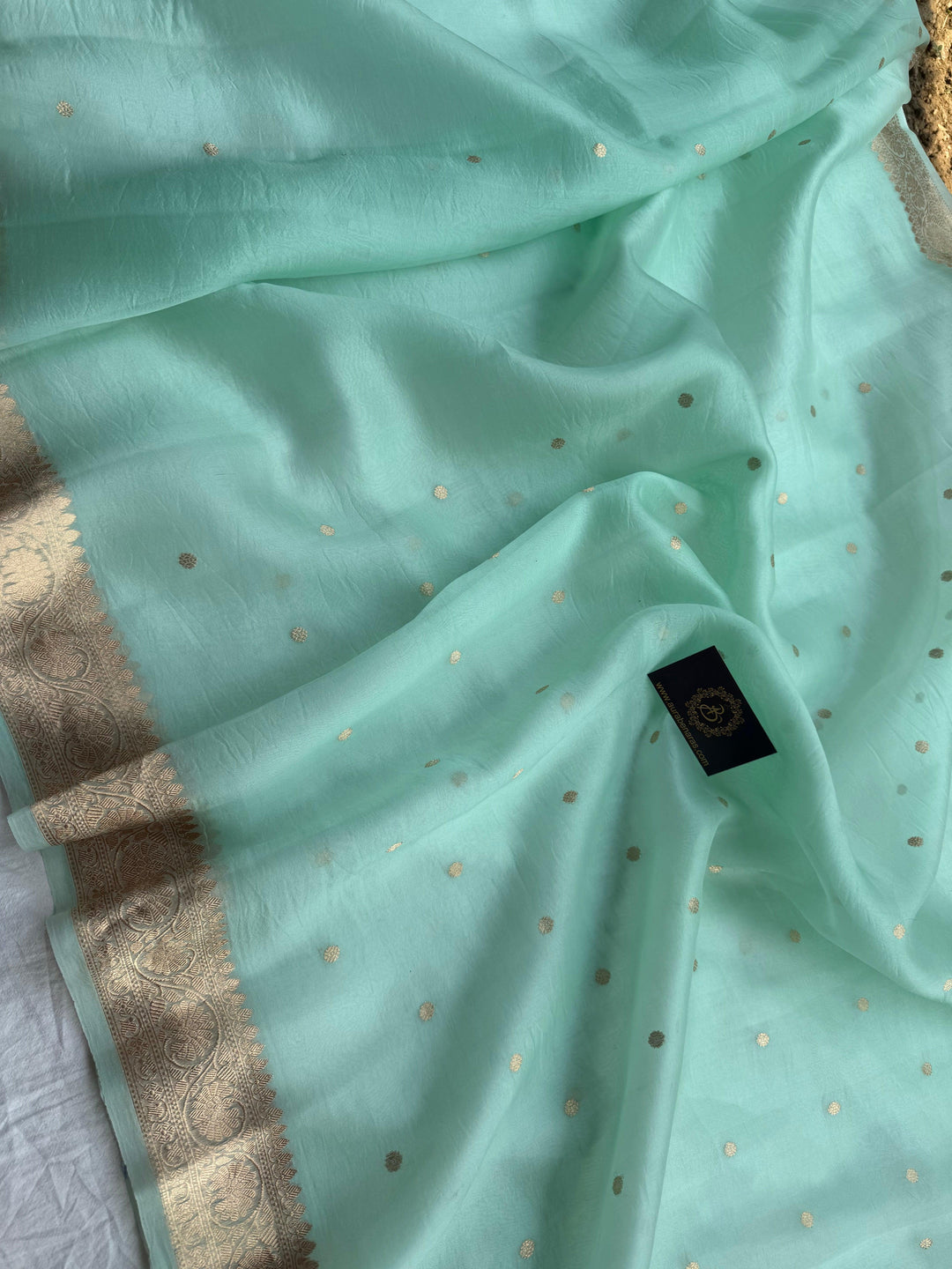 Pastel Mint Banarasi Handloom Kora Silk Saree | Aura Benaras
