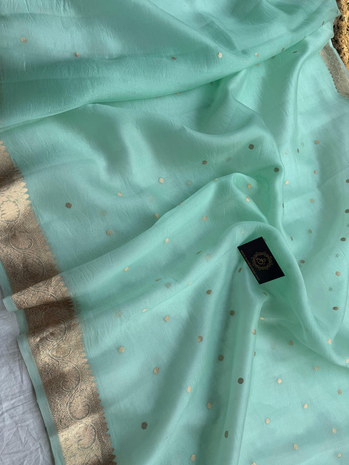 Pastel Mint Banarasi Handloom Kora Silk Saree | Aura Benaras
