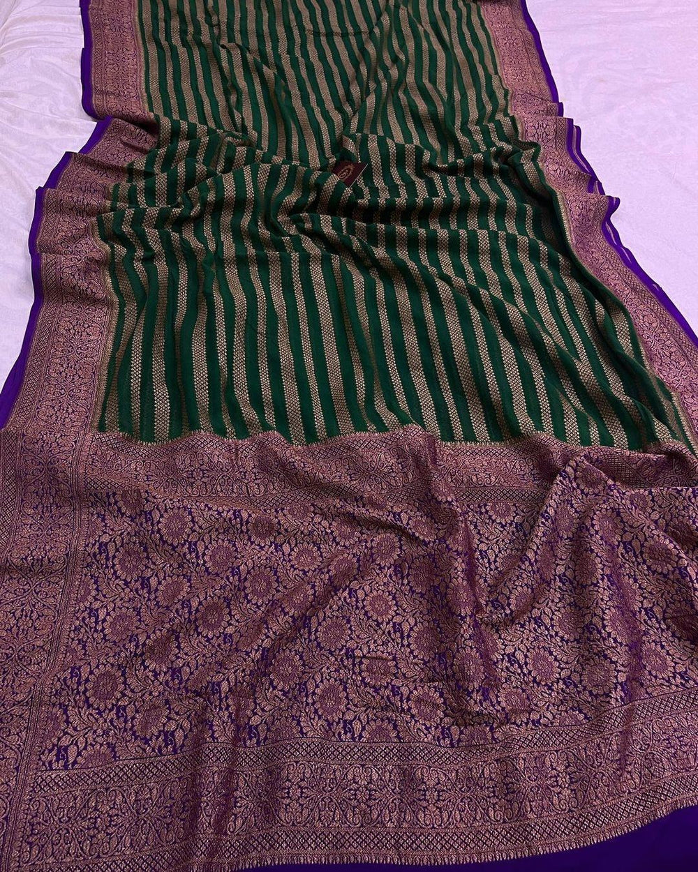 Dark Green Pure Banarasi Khaddi Georgette Saree - Aura Benaras