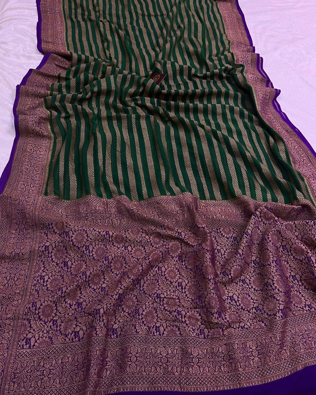 Dark Green Pure Banarasi Khaddi Georgette Saree - Aura Benaras